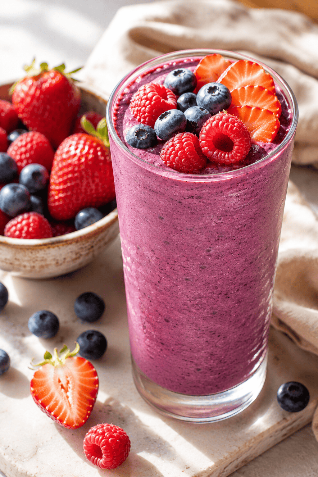 Vibrant berry smoothie topped with fresh blueberries, raspberries, and strawberry slices beside a bowl of mixed berries