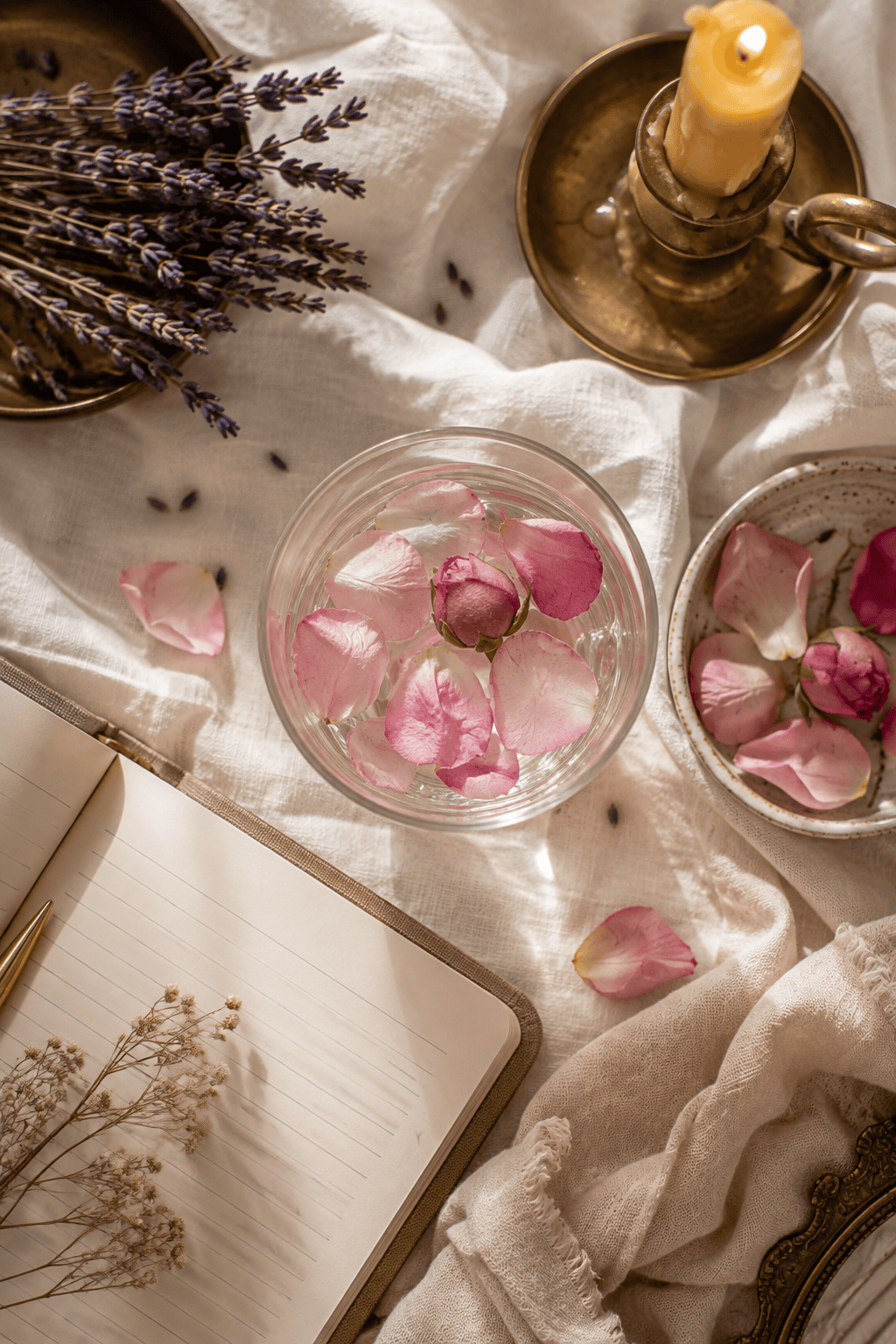 Flat lay of a daily relaxation ritual with rose water, an open journal, a lit candle, and dried flowers on soft linen