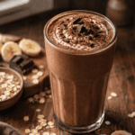 Thick chocolate oat protein smoothie in a tall glass dusted with cocoa powder, with rolled oats and banana slices beside it on a warm wooden table.