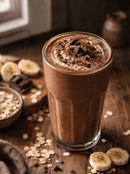 Thick chocolate oat protein smoothie in a tall glass dusted with cocoa powder, with rolled oats and banana slices beside it on a warm wooden table.