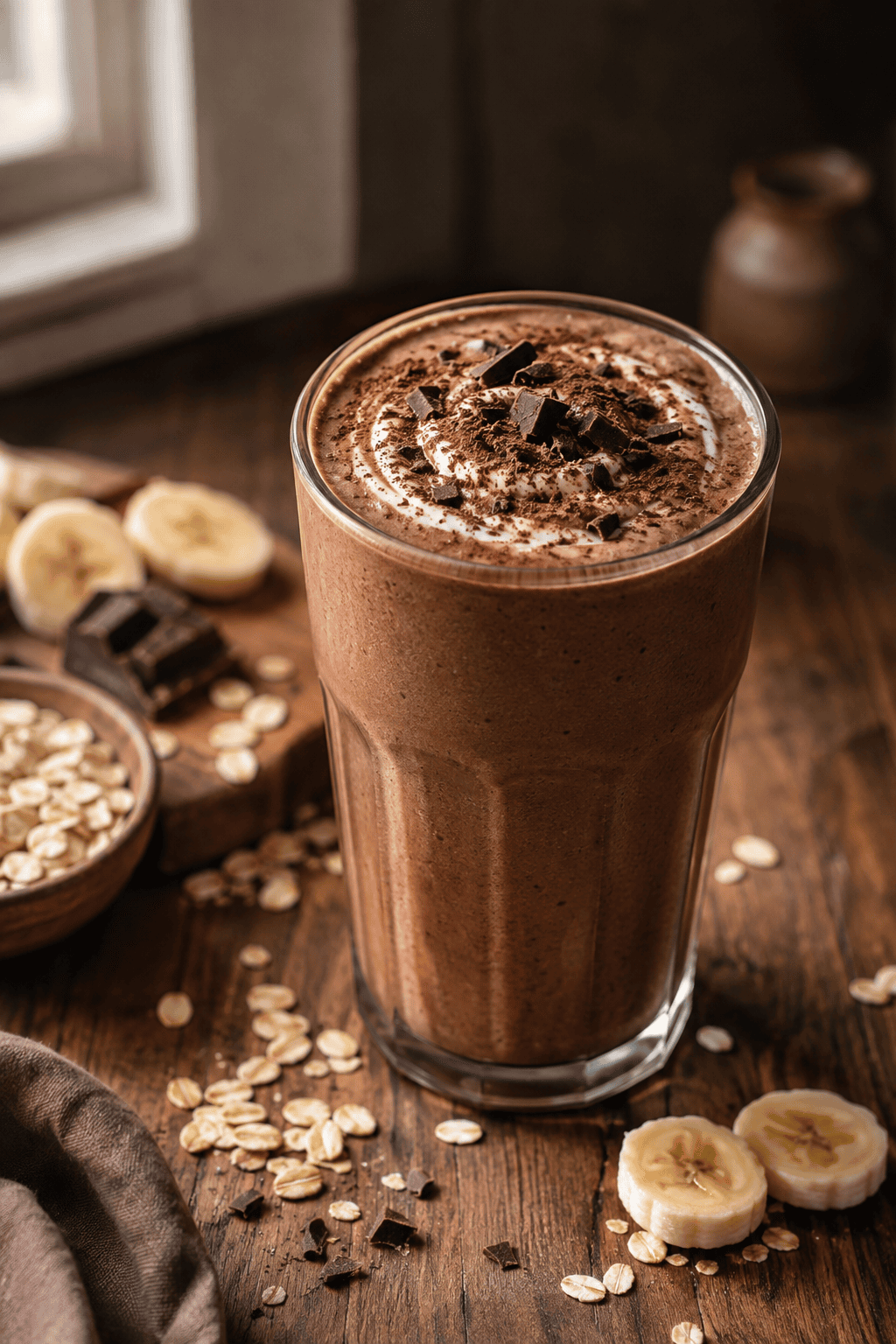 Thick chocolate oat protein smoothie in a tall glass dusted with cocoa powder, with rolled oats and banana slices beside it on a warm wooden table.
