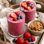 Two glasses of triple berry smoothie on a cozy breakfast tray with granola and fresh berries, morning light.
