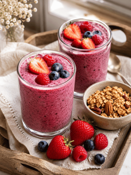 Two glasses of triple berry smoothie on a cozy breakfast tray with granola and fresh berries, morning light.