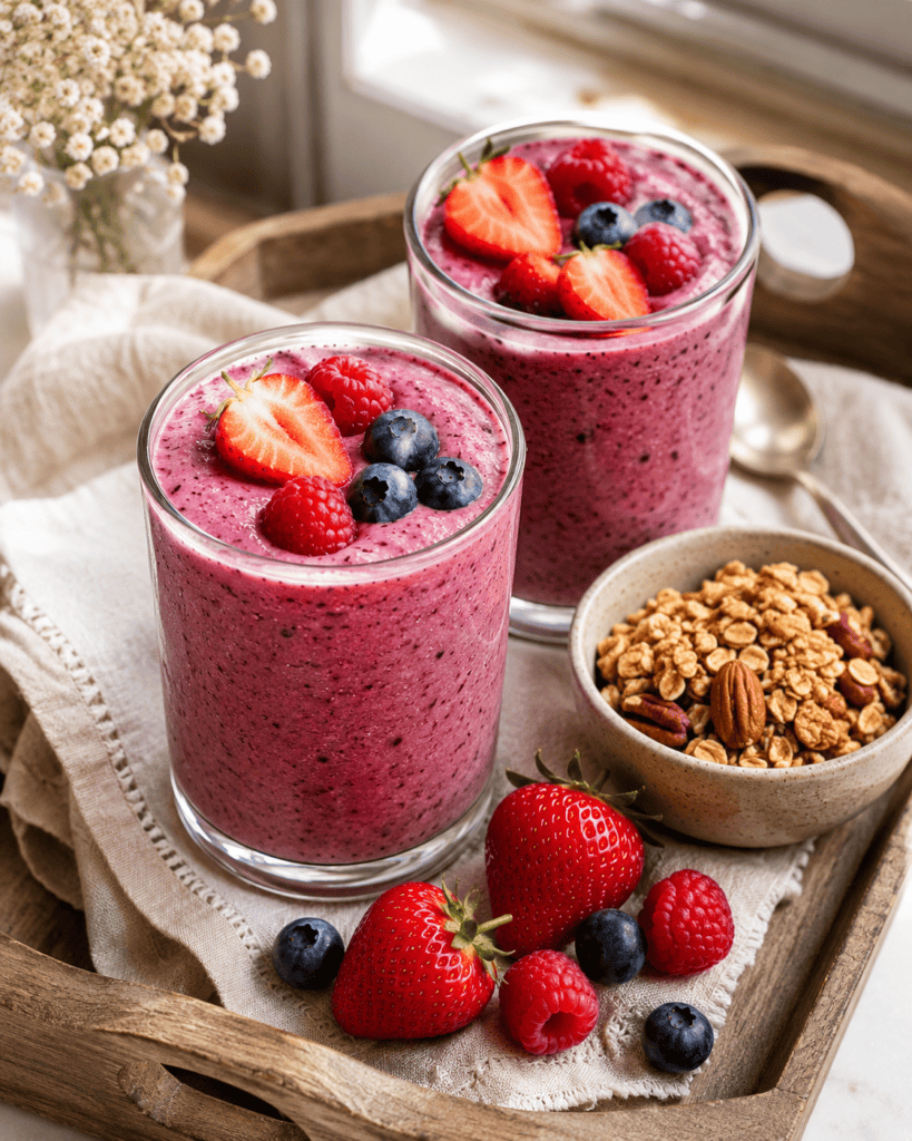 Two glasses of triple berry smoothie on a cozy breakfast tray with granola and fresh berries, morning light.