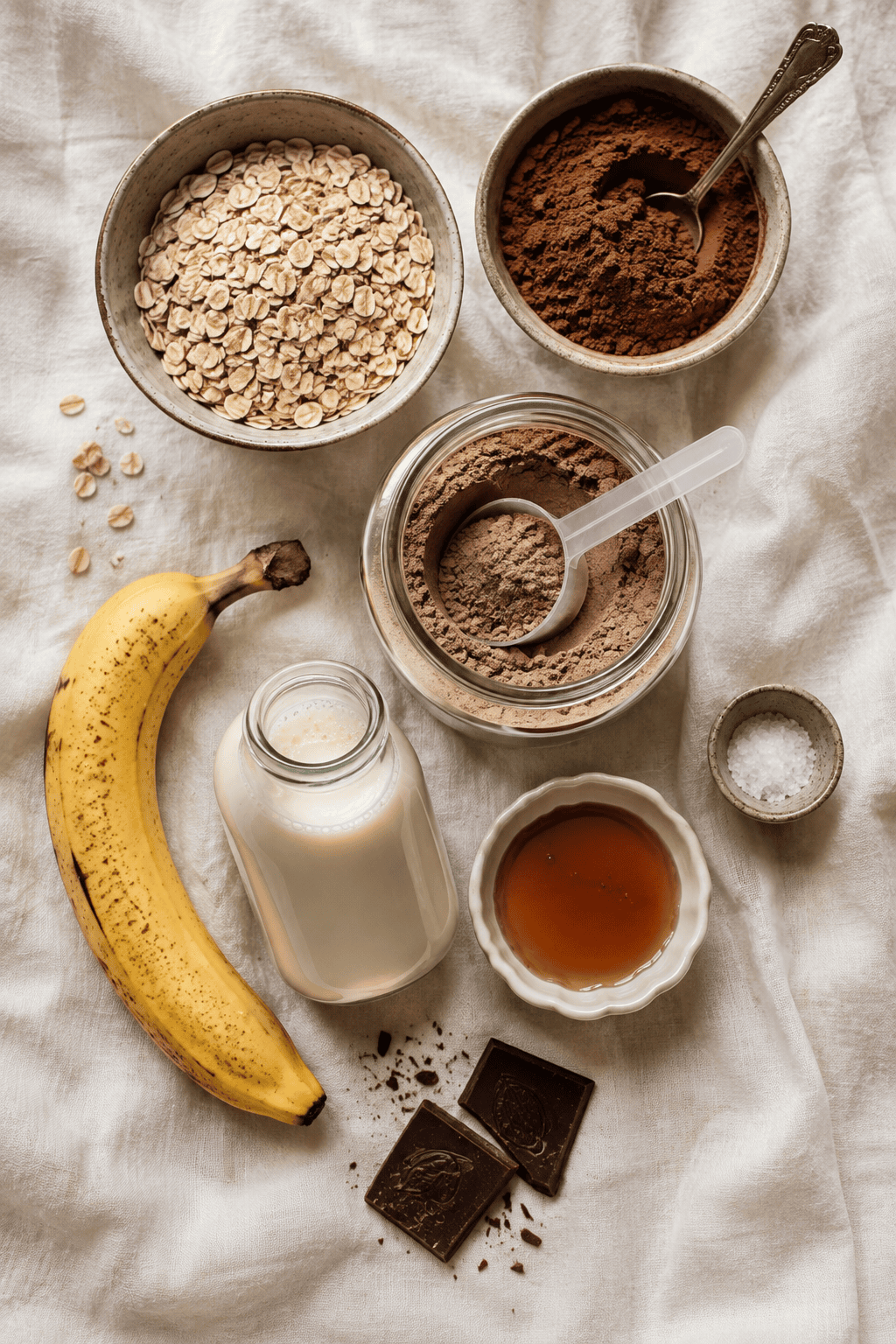 Flat lay of chocolate oat protein smoothie ingredients: rolled oats, cocoa powder, ripe banana, chocolate protein powder, almond milk, maple syrup and sea salt.